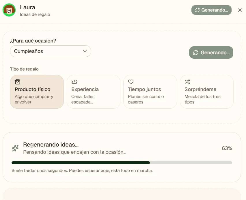 The generation panel: the occasion preselected and the generate button active while ideas regenerate.