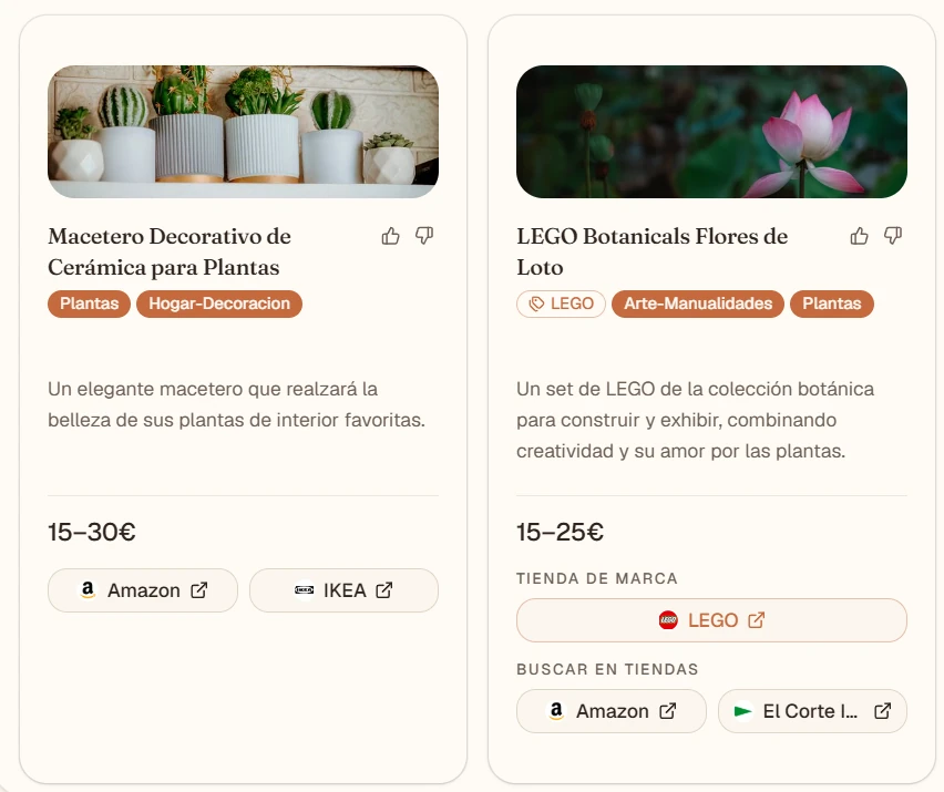 Idea cards with a matched stock image (Pexels), shown next to the brand deep-link button.