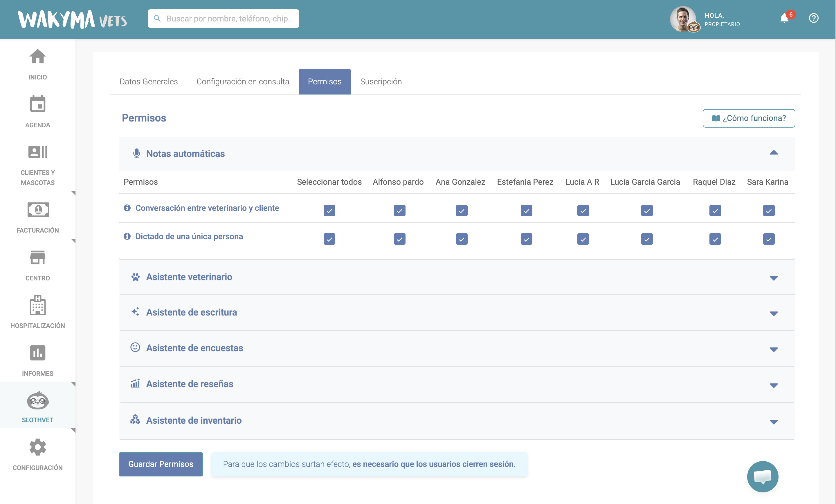 Per-user AI permissions: each assistant (notes, inventory, writing, reviews…) can be toggled per employee.